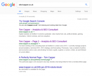 Site search for tcapper.co.uk, showing the homepage, a paginated page that shouldn't be there, and the "perfectly normal page" linked to from the test page